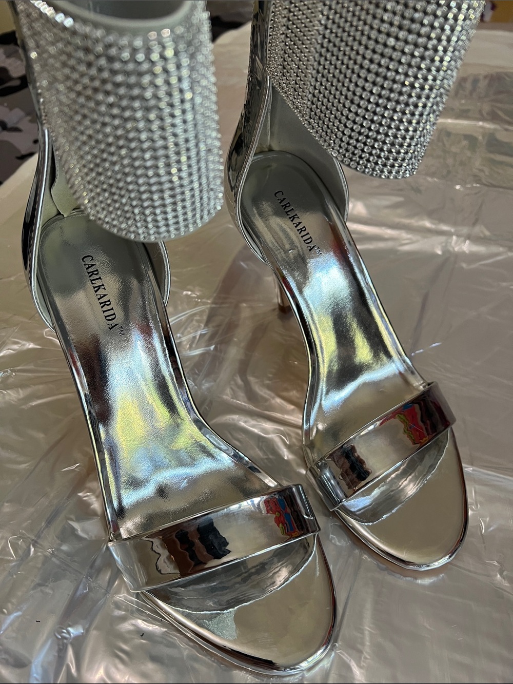 CARLKARIDA Stunning Silver Crystal Cuff Stiletto Sandals
